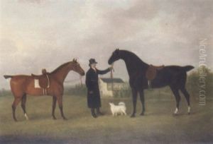 A Groom Holding A Lady And Gentleman's Hunters In A Landscape by John Nost Sartorius