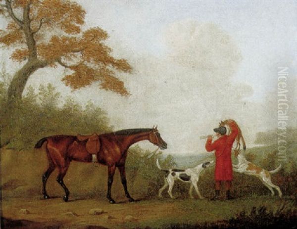 Jagtscene Med Hest Og Hunde Samt Rytter Med Raev Og Jagthorn - view 1