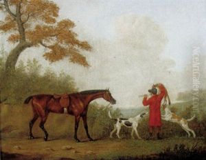 Jagtscene Med Hest Og Hunde Samt Rytter Med Raev Og Jagthorn