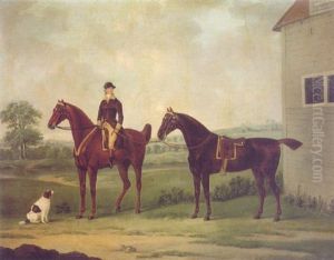 A Groom With Chestnut And Bay Hunters And A Spaniel Beside A Stable, A River And An Extensive Landscape Beyond