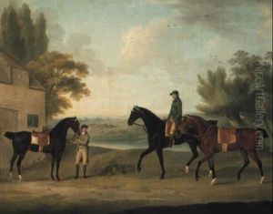 Huntsmen With Hunters In A River Landscape by John Nost Sartorius
