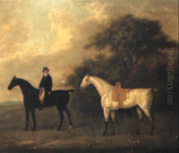 A Gentleman On Horseback, Leading A Grey, In A Landscape - view 1