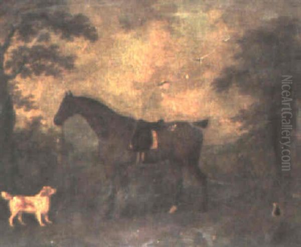 A Bay Hunter And A Spaniel In A Landscape - view 1
