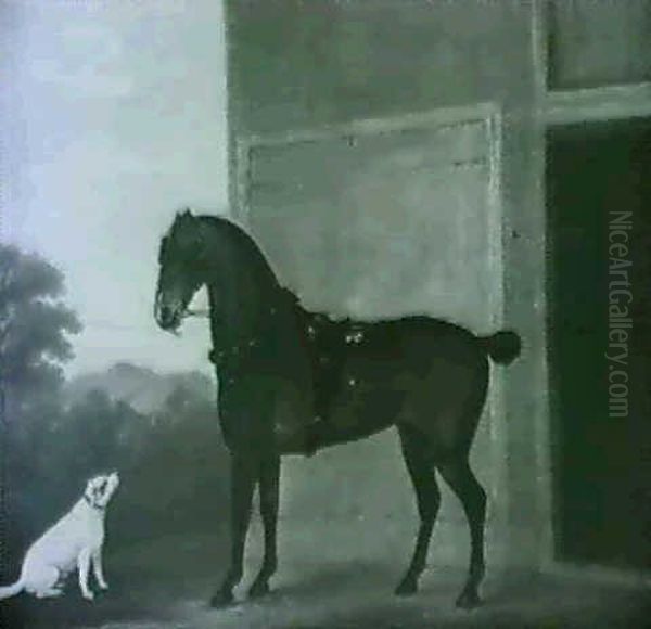 A Bay Work Horse With A Terrier Before A Stable In A Wooded Landscape - view 1