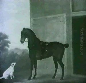 A Bay Work Horse With A Terrier Before A Stable In A Wooded Landscape