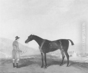 A Bay Racehorse Being Held By A Groom, An Extensive Landscape Beyond A Bay Racehorse Being Held By A Groom, An Extensive Landscape Beyond