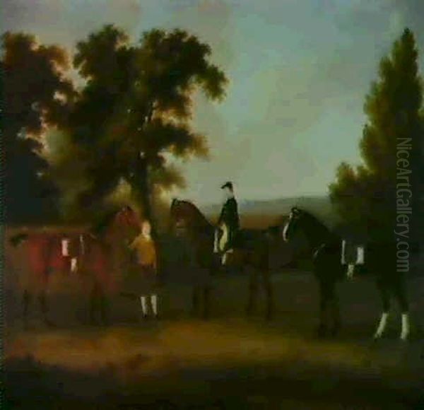 Three Hunters In A Wooded Landscape With A Huntsman And A Groom - view 1