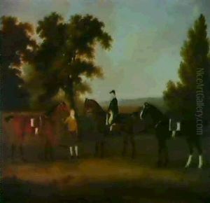 Three Hunters In A Wooded Landscape With A Huntsman And A   Groom