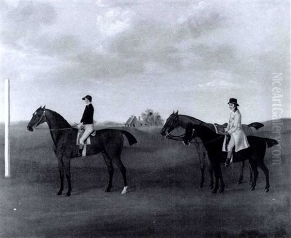 Three Racehorses With Two Riders Up At A Starting Post - view 1