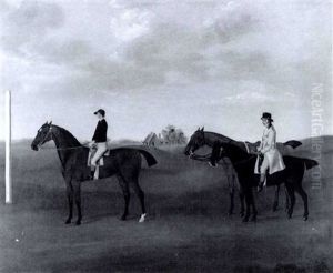 Three Racehorses With Two Riders Up At A Starting Post by John Nost Sartorius