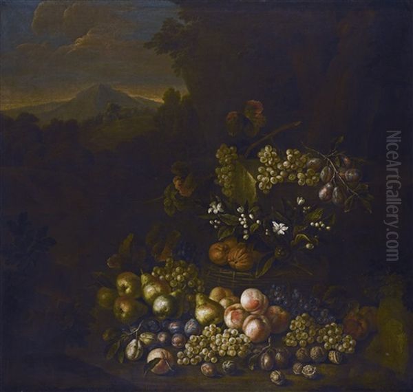 Still Life Of Flowers And Fruit, In A Basket, A Landscape Beyond - view 1