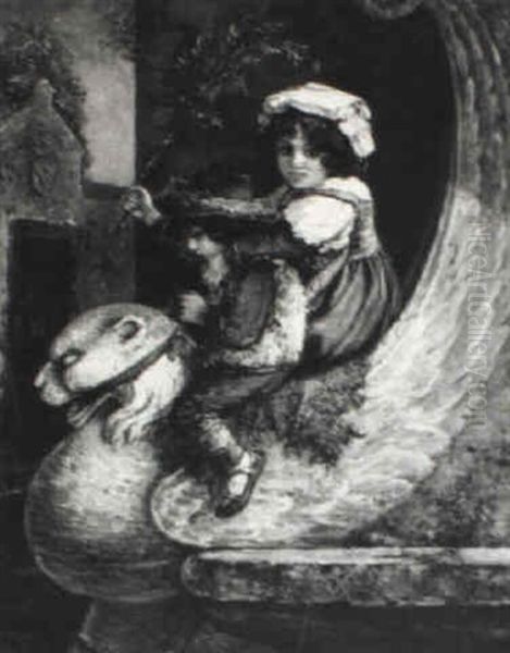 Boy And Girl At Play On A Stone Sea Monster - view 1