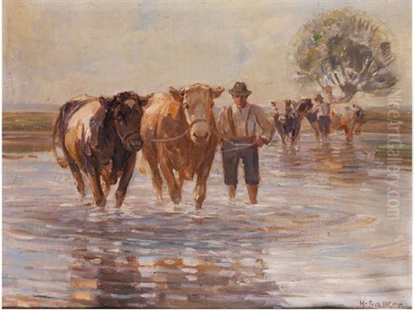 Bauer Mit Ochsen Am Wasser - view 1