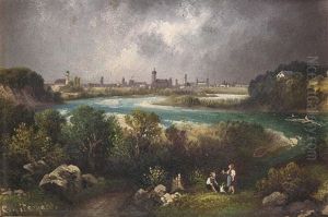 Am Flussufer Der Isar Mit Blick Auf Munchen by Hubert Sattler