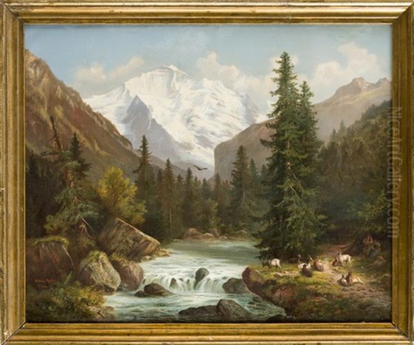 Alpenlandschaft Mit Am Fluss Rastenden Hirten Mit Ihren Ziegen - view 1