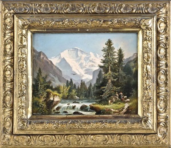 Schweizer Alpenlandschaft Mit Rastendem Hirtenpaar Am Flusufer Und Dem Jungfrauenberg Im Hintergrund - view 1