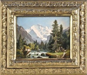 Schweizer Alpenlandschaft Mit Rastendem Hirtenpaar Am Flusufer Und Dem Jungfrauenberg Im Hintergrund