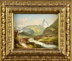 Ansicht Von Zermatt Mit Dem Matterhorn Im Hintergrund Und Einem Bauern Mit Kuh Und Ziege by Hubert Sattler
