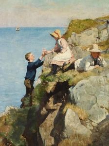 Children On The Cliffs Of The Cornish Coast On A Summer's Day by Frank Wright Bourdillon