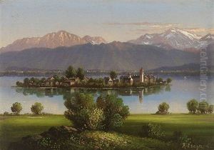 Blick Auf Die Insel Frauenchiemsee Vor Gebirgshintergrund