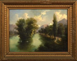 Alpine Landscape With Figures On A Riverside Path