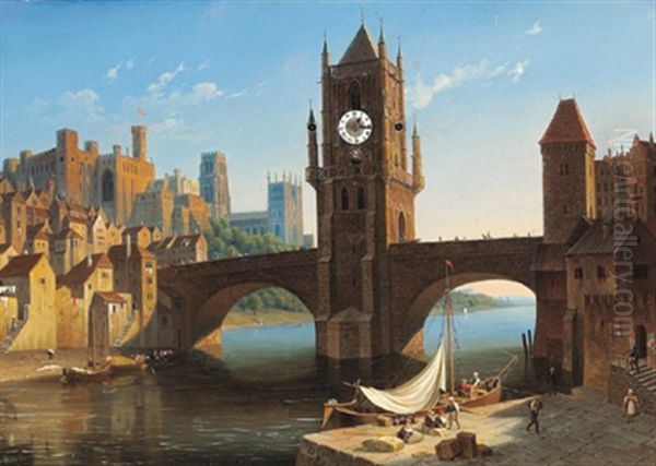 Bilderuhr, Stadt Am Flussufer Mit Reicher, Figurlicher Staffage - view 1
