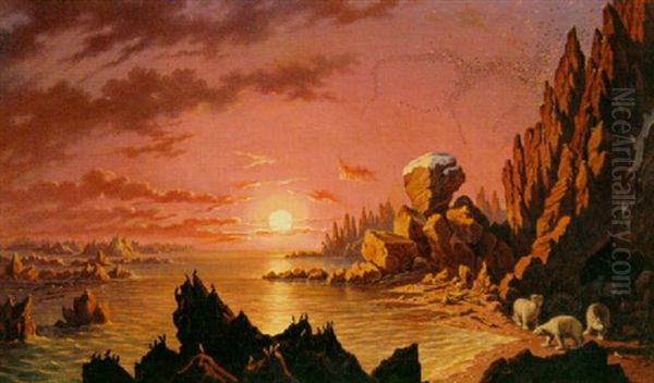 An Arctic Landscape At Sunset With Polar Bears On A Rocky Shore - view 1