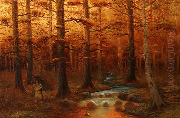 Native American In The Forest By A Stream - view 1