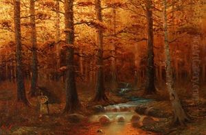 Native American In The Forest By A Stream by Frank Paul Sauerwein