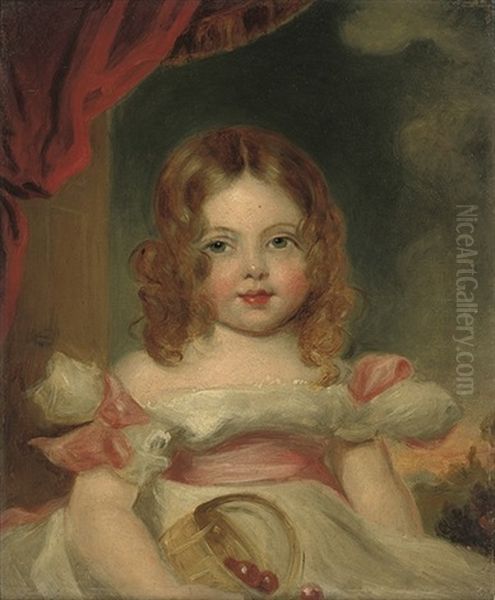 Portrait Of A Young Girl, In A White Dress With Pink Ribbons, A Basket Of Fruit In Her Lap - view 1