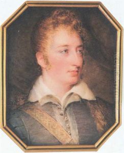 John Fane, Lord Burghersh, Wearing White Trimmed Grey Doublet With Pearl Buttons And Slashed Sleeves, Double White Collar, Sword Belt And Fur Cloak