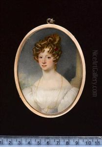 A Lady Wearing White Dress With Puffed Sleeves, Lilac Waistsash, Gold Strand Necklace And Pendant Earrings, Her Hair Adorned With A Red Flower A Lady Wearing White Dress With Puffed Sleeves, Lilac Waistsash, Gold Strand Necklace And Pendant Earrings, Her Hair Adorned With A Red Flower