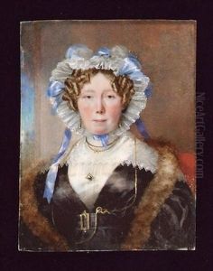 A Lady Wearing A Black Open Dress With White Underdress, A Fur Stole And White Bonnet Trimmed With Blue Ribbon, A Gold Lorgnette On A Chain At Her Neck