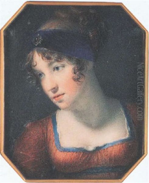 A Lady Wearing Rust-coloured Dress With Blue Trim, Matching Waistband And White Underslip, Her Hair Upswept And Dressed With A Bejewelled Blue Bandeau - view 1