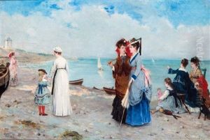 Vrouwen En Kinderen Op Het Strand / 'sur La Plage by Noel Saunier