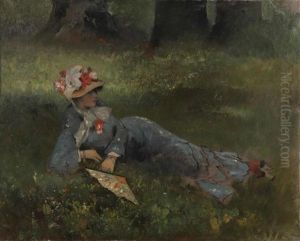 Jeune Femme A L'eventail Etendue Dans Un Pre by Octave Alfred Saunier