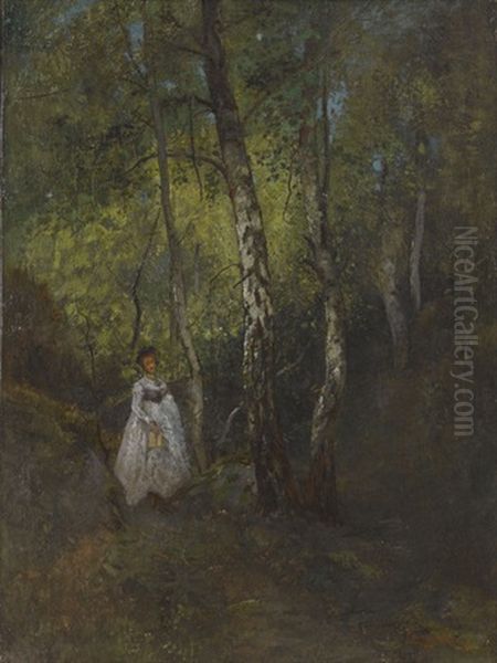 Waldweg Mit Dame Im Weissen Kleid - view 1