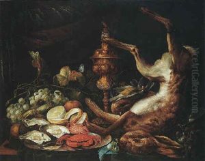 A Still Life Of A Dead Hare And Birds, With A Platter Of Seafood And A Lemon, With Grapes And Insects, And A Gilt Cup And Cover by Philip Saurland