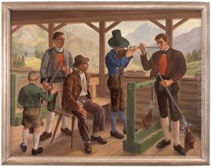 Schutzen Im Schiesstand Vor Alpiner Landschaft by Robert A. Saurwein