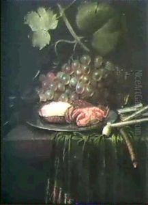 A Still Life With Small Bird Perched On A Pewter Plate      Containing Oysters And A Crab; Behind, A Bunch Of Grapes...