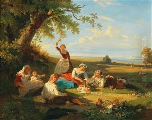 Country Folk Resting Under Trees At Midday