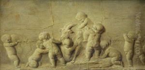Trompe L'oeil Bas Relief Of Putti With A Goat by Piat Joseph Sauvage