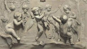 A Trompe L"oeil Bas-relief Of Putti Playing With A Goat by Piat Joseph Sauvage