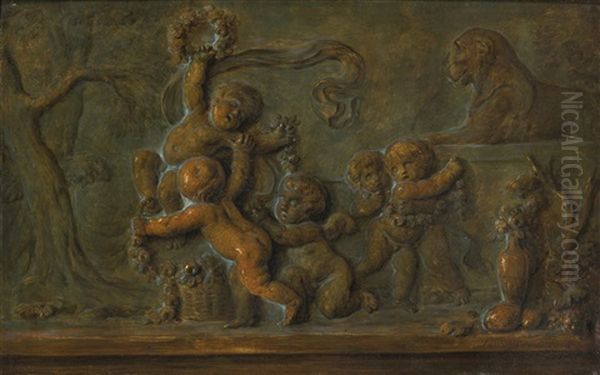 Putti Playing With A Garland Of Flowers, A Trompe-l'oeil Of A Bronze Bas-relief - view 1