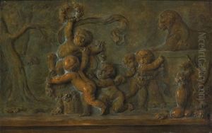 Putti Playing With A Garland Of Flowers, A Trompe-l'oeil Of A Bronze Bas-relief by Piat Joseph Sauvage