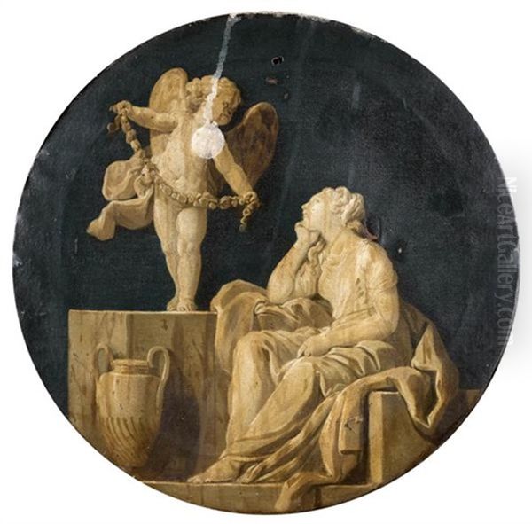 L'amour Offrant Une Guirlande De Fleurs A Une Jeune Fille, Trompe L'oeil - view 1