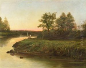 Pescadores En El Borde De Un Rio by Louis Paul Sauvaige