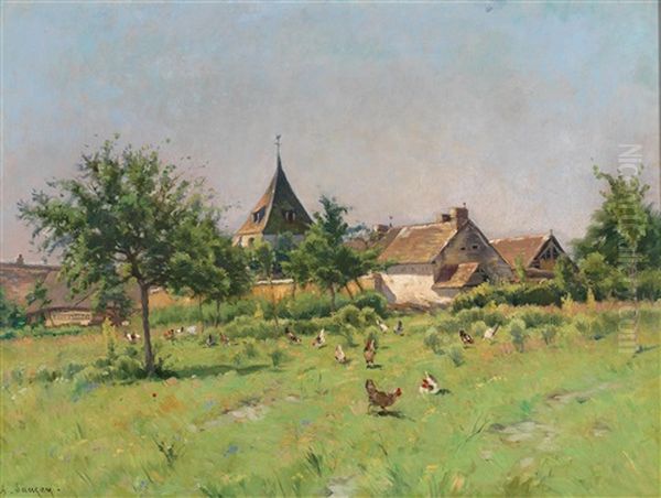 Chickens In A Meadow Outside A Village - view 1