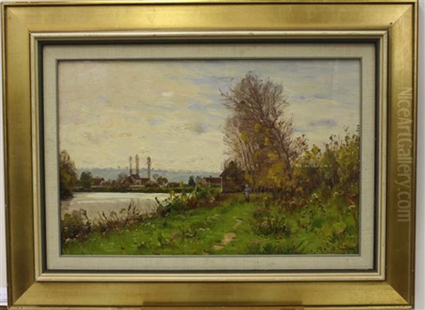 Wandelaarster Op Grasdijk Langs Een Kanaal - view 1
