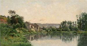 Baumbestandene Flusslandschaft Mit Gebauden by Adrien Jacques Sauzay